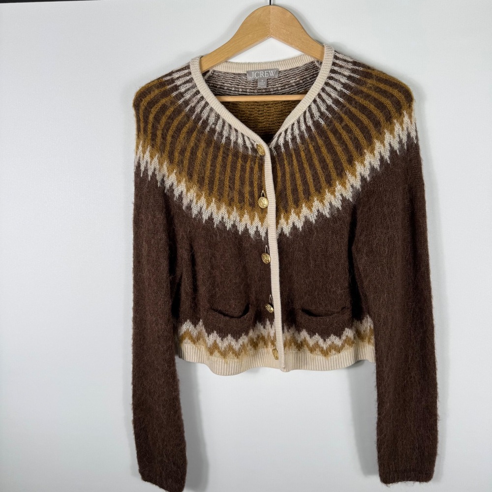 J.Crew Fair Isle Cardigan Sweater Womens M Alpaca Wool Cropped Brown Gold  BV354